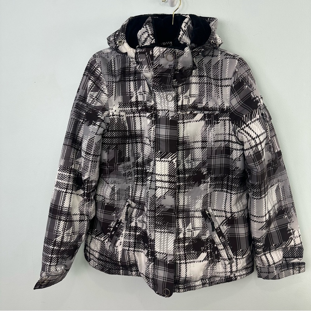 Zero Xposur Snowboarding Size Medium Hooded Coat Gray & White Geometric Plaid